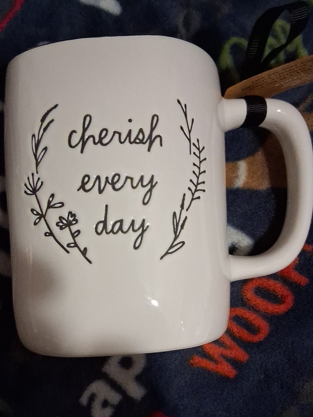 Rae Dunn White Ceramic Mug with Black Script and Botanical Accents